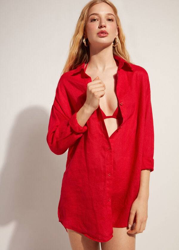 Calzedonia Linen Shirt Cover-ups Dames Rood | BE2095KI