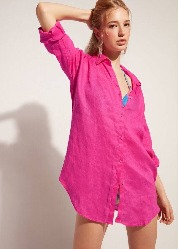 Calzedonia Linen Shirt Cover-ups Dames Roze | BE2096LH