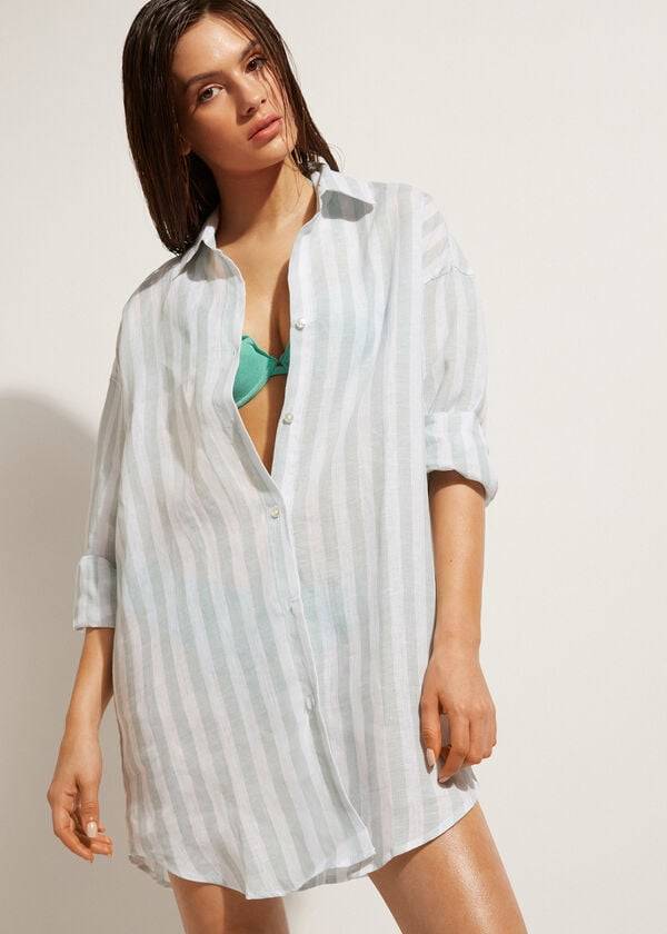 Calzedonia Linen Shirt Cover-ups Dames Turquoise Wit | BE2087PQ