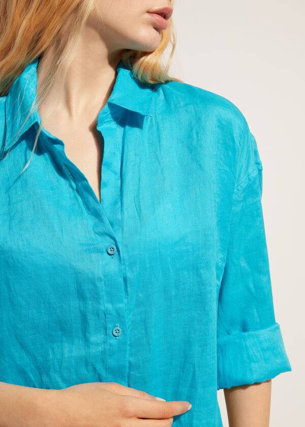 Calzedonia Linen Shirt Cover-ups Dames Turquoise Groen | BE2094JJ