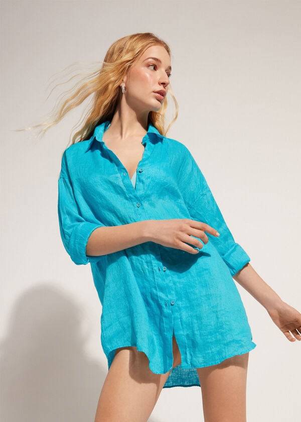 Calzedonia Linen Shirt Cover-ups Dames Turquoise Groen | BE2094JJ