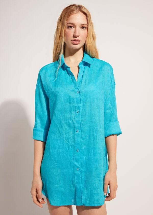 Calzedonia Linen Shirt Cover-ups Dames Turquoise Groen | BE2094JJ