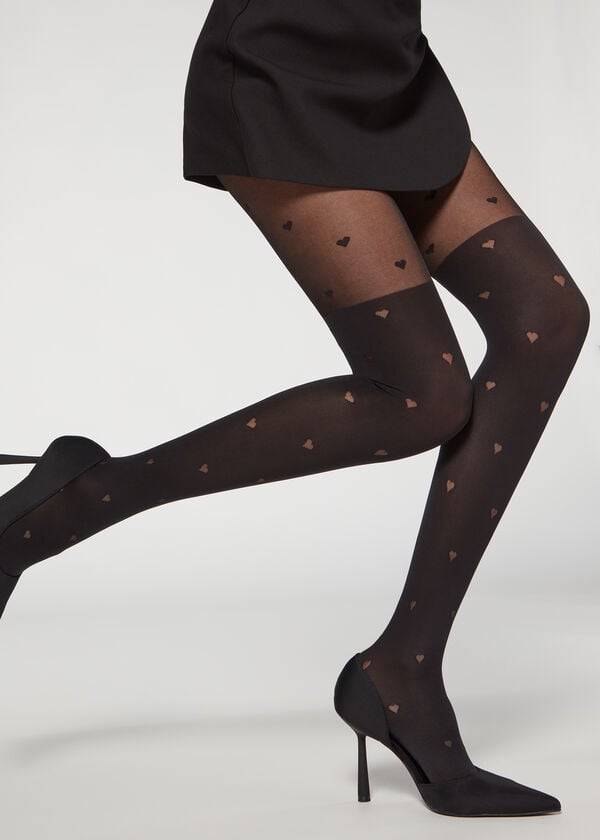 Calzedonia Longuette-Effect Mini Heart-Motif Patterned Hardloopbroek Dames Zwart | BE1111CE