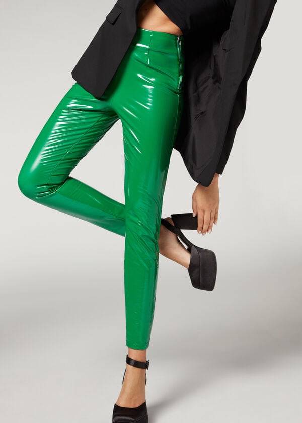 Calzedonia Mager in Thermal Vinyl Broek Dames Groen | BE2737JJ