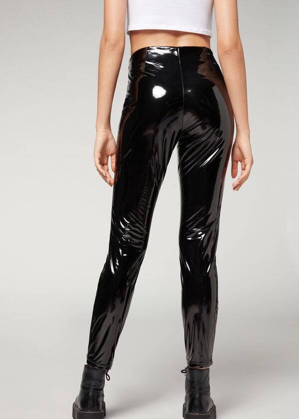 Calzedonia Mager in Thermal Vinyl Broek Dames Zwart | BE2740FM