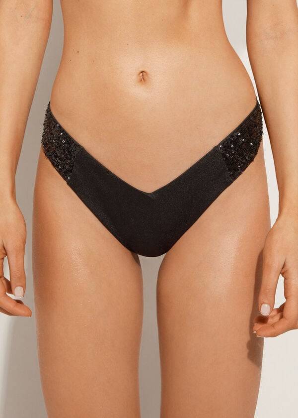 Calzedonia Sequined High-Cut Brazilian Cannes Cheeky Bikinibroekjes Dames Zwart | BE1545FM