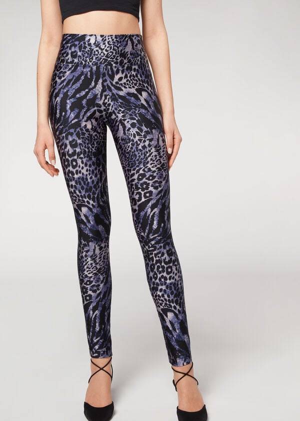 Calzedonia Shiny Animal-Print Atletische Leggings Dames Blauw Grijs | BE2680EX