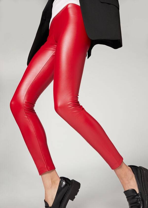 Calzedonia Thermal Leren Effect Leggings Dames Rood | BE2699AP