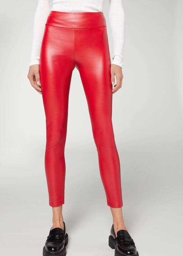 Calzedonia Thermal Leren Effect Leggings Dames Rood | BE2699AP