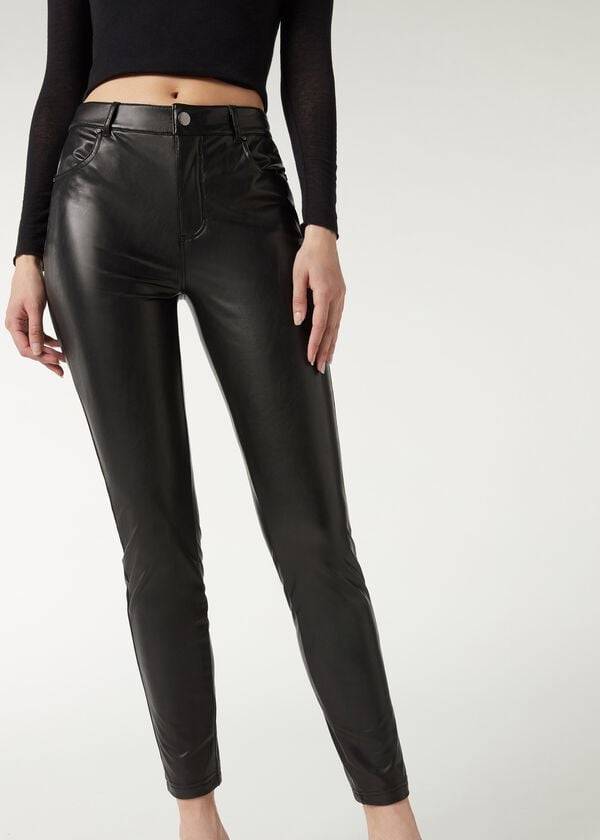 Calzedonia Thermal leather-effect Broek Dames Zwart | BE2743AP