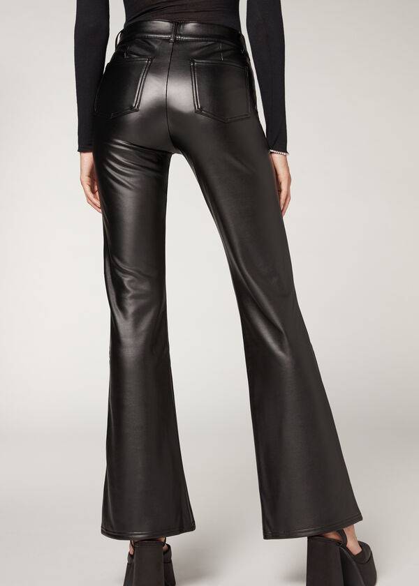 Calzedonia Zip and Button Coated Thermal Flared Leggings Dames Zwart | BE2712HK